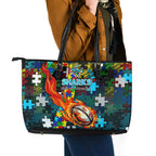 Sharks Autism Awareness Leather Tote Bag Puzzle Flames Rugby Ball