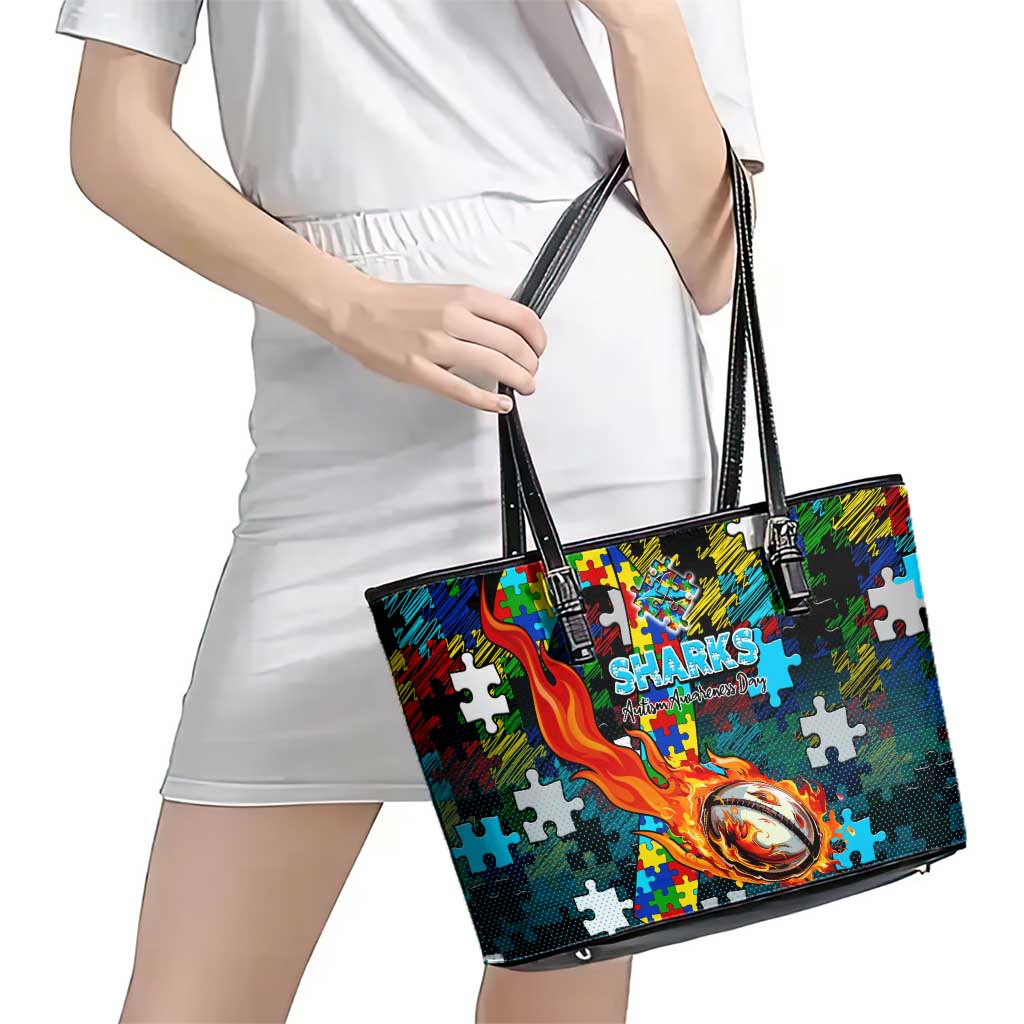 Sharks Autism Awareness Leather Tote Bag Puzzle Flames Rugby Ball
