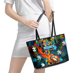Sharks Autism Awareness Leather Tote Bag Puzzle Flames Rugby Ball