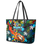 Sharks Autism Awareness Leather Tote Bag Puzzle Flames Rugby Ball