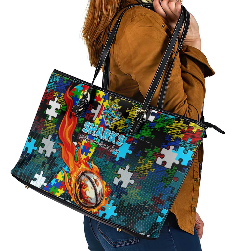 Sharks Autism Awareness Leather Tote Bag Puzzle Flames Rugby Ball