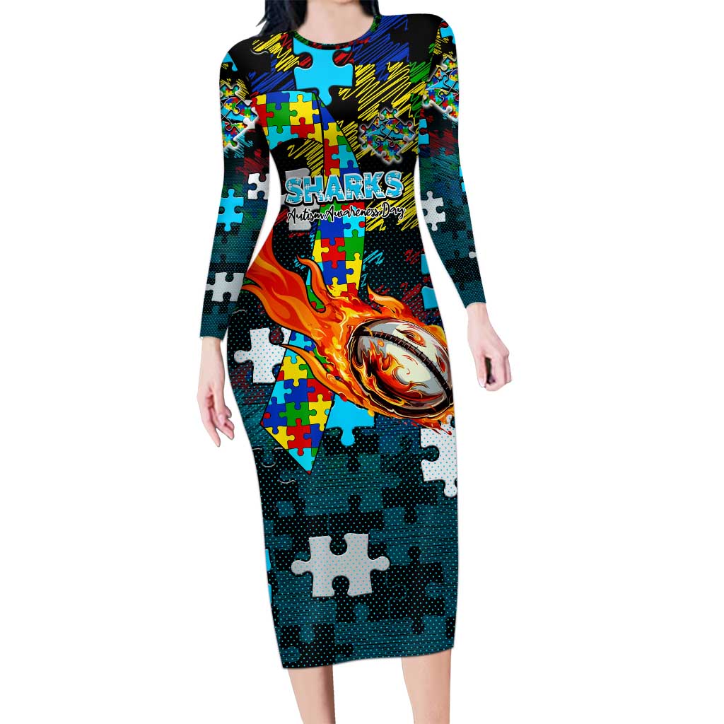 Sharks Autism Awareness Long Sleeve Bodycon Dress Puzzle Flames Rugby Ball