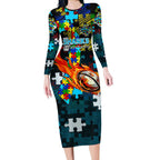 Sharks Autism Awareness Long Sleeve Bodycon Dress Puzzle Flames Rugby Ball