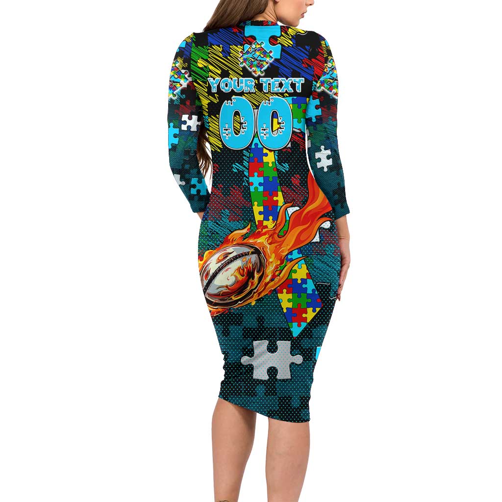 Sharks Autism Awareness Long Sleeve Bodycon Dress Puzzle Flames Rugby Ball