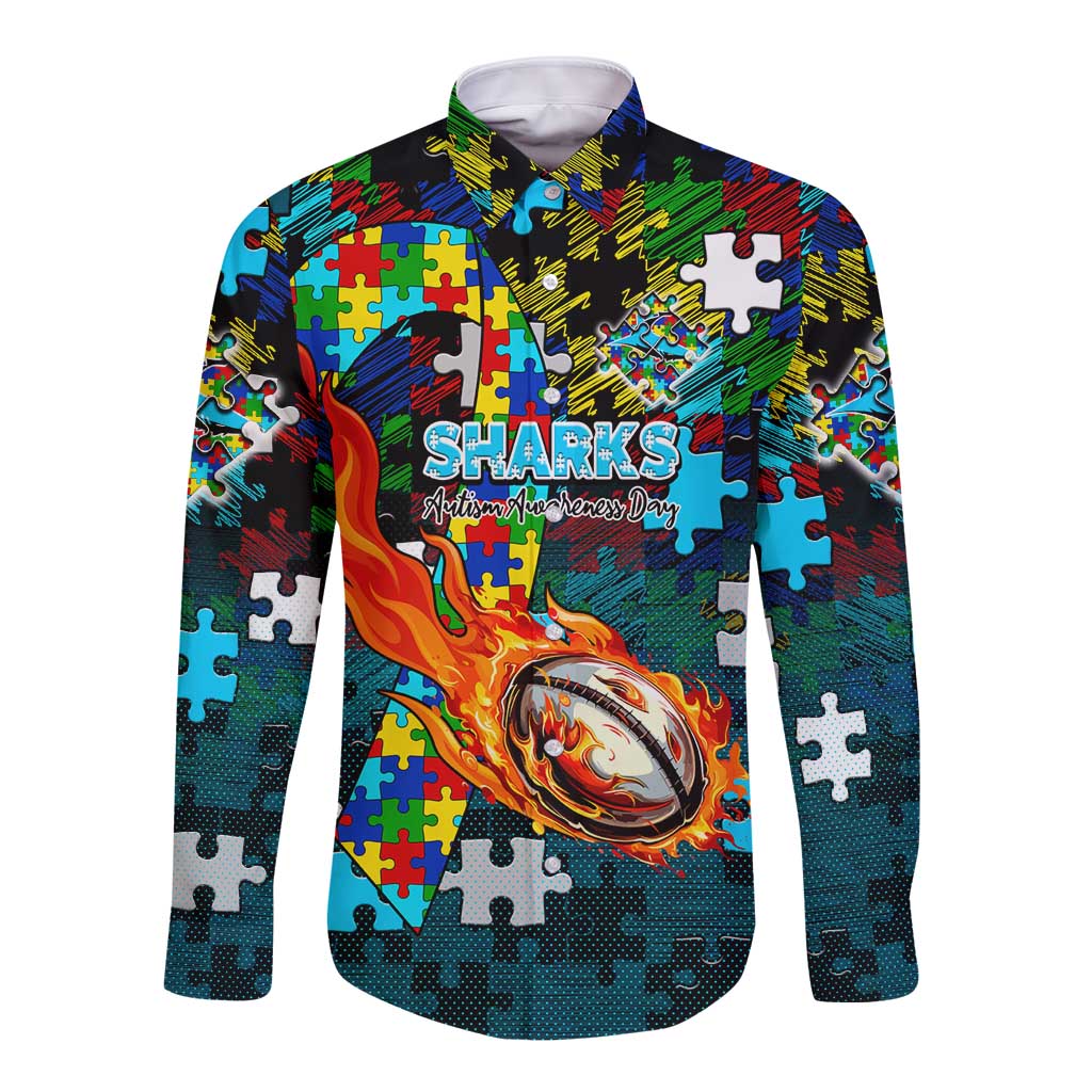 Sharks Autism Awareness Long Sleeve Button Shirt Puzzle Flames Rugby Ball