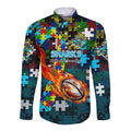 Sharks Autism Awareness Long Sleeve Button Shirt Puzzle Flames Rugby Ball