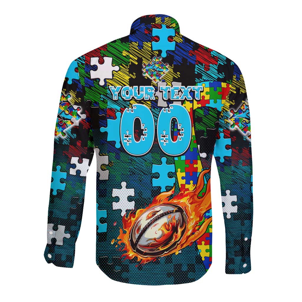 Sharks Autism Awareness Long Sleeve Button Shirt Puzzle Flames Rugby Ball