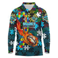 Sharks Autism Awareness Long Sleeve Polo Shirt Puzzle Flames Rugby Ball