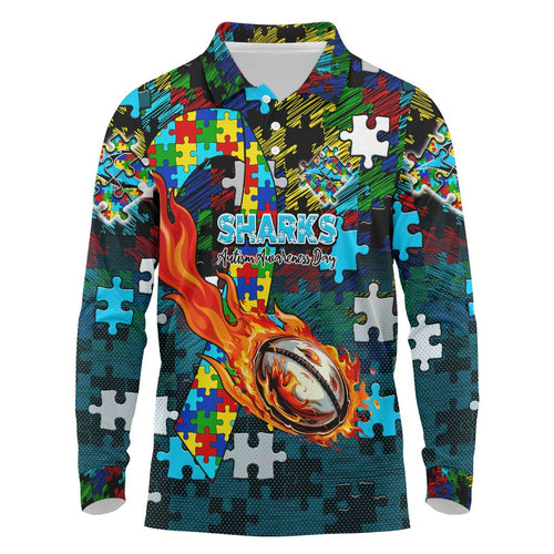 Sharks Autism Awareness Long Sleeve Polo Shirt Puzzle Flames Rugby Ball