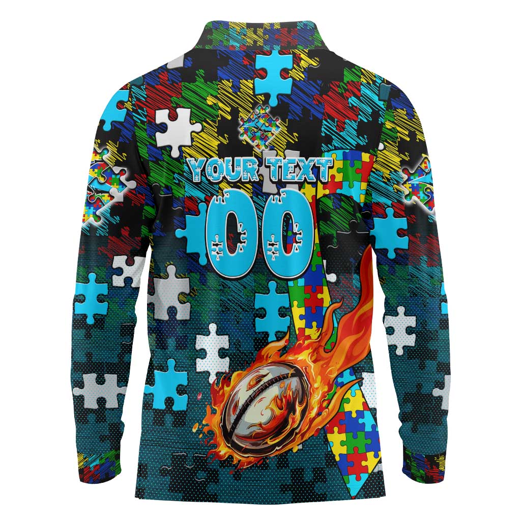 Sharks Autism Awareness Long Sleeve Polo Shirt Puzzle Flames Rugby Ball