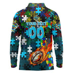 Sharks Autism Awareness Long Sleeve Polo Shirt Puzzle Flames Rugby Ball