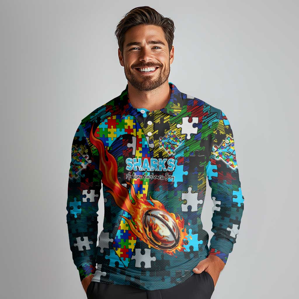 Sharks Autism Awareness Long Sleeve Polo Shirt Puzzle Flames Rugby Ball