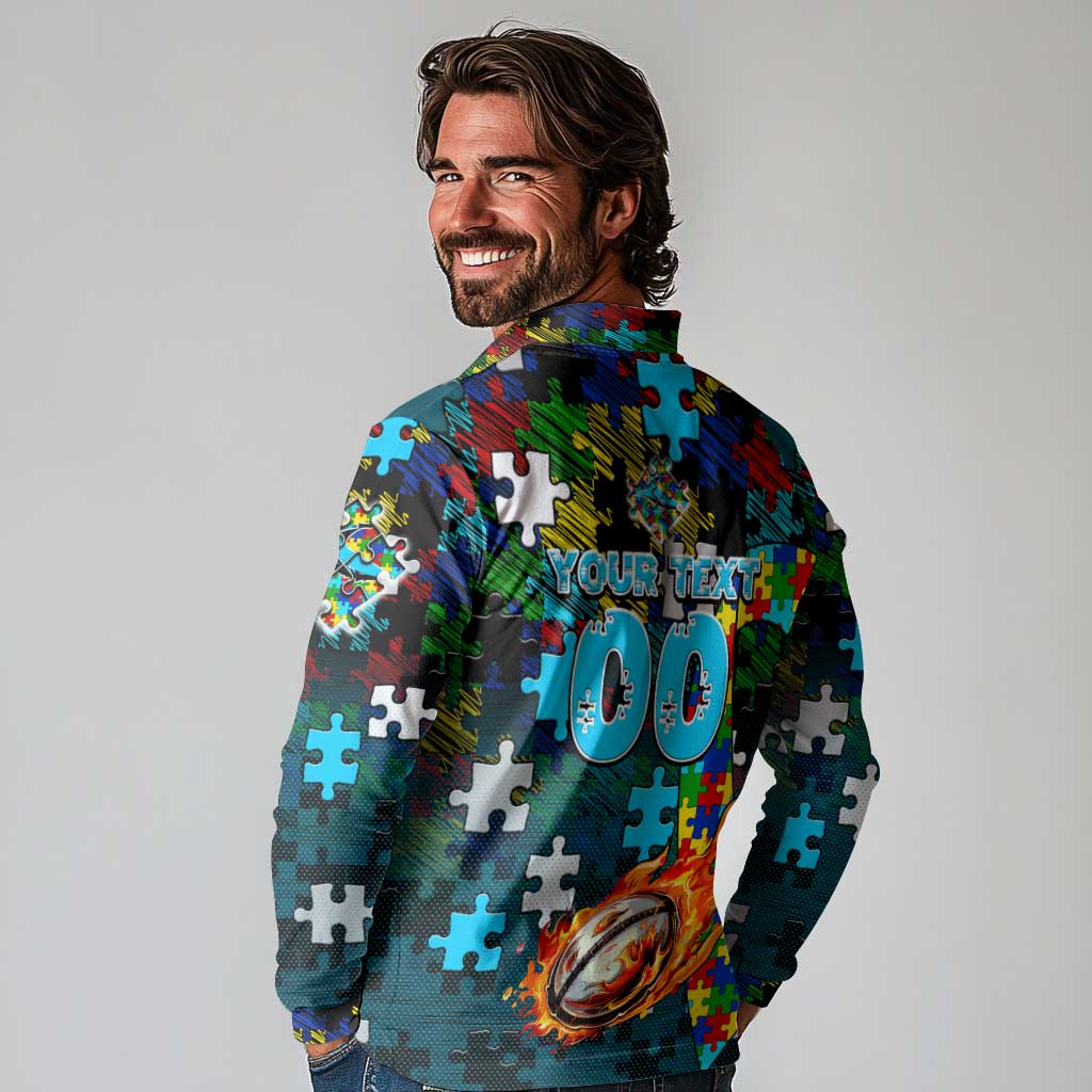 Sharks Autism Awareness Long Sleeve Polo Shirt Puzzle Flames Rugby Ball