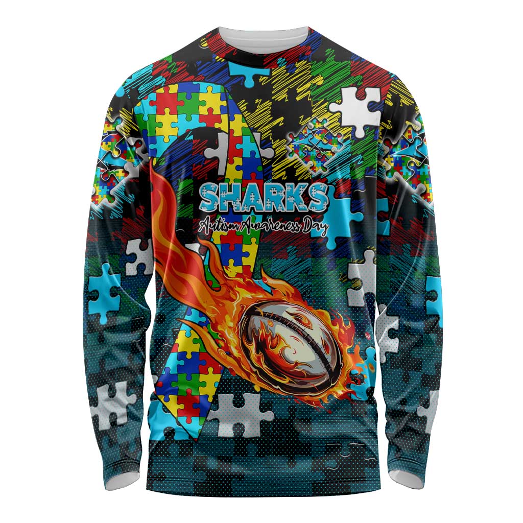 Sharks Autism Awareness Long Sleeve Shirt Puzzle Flames Rugby Ball