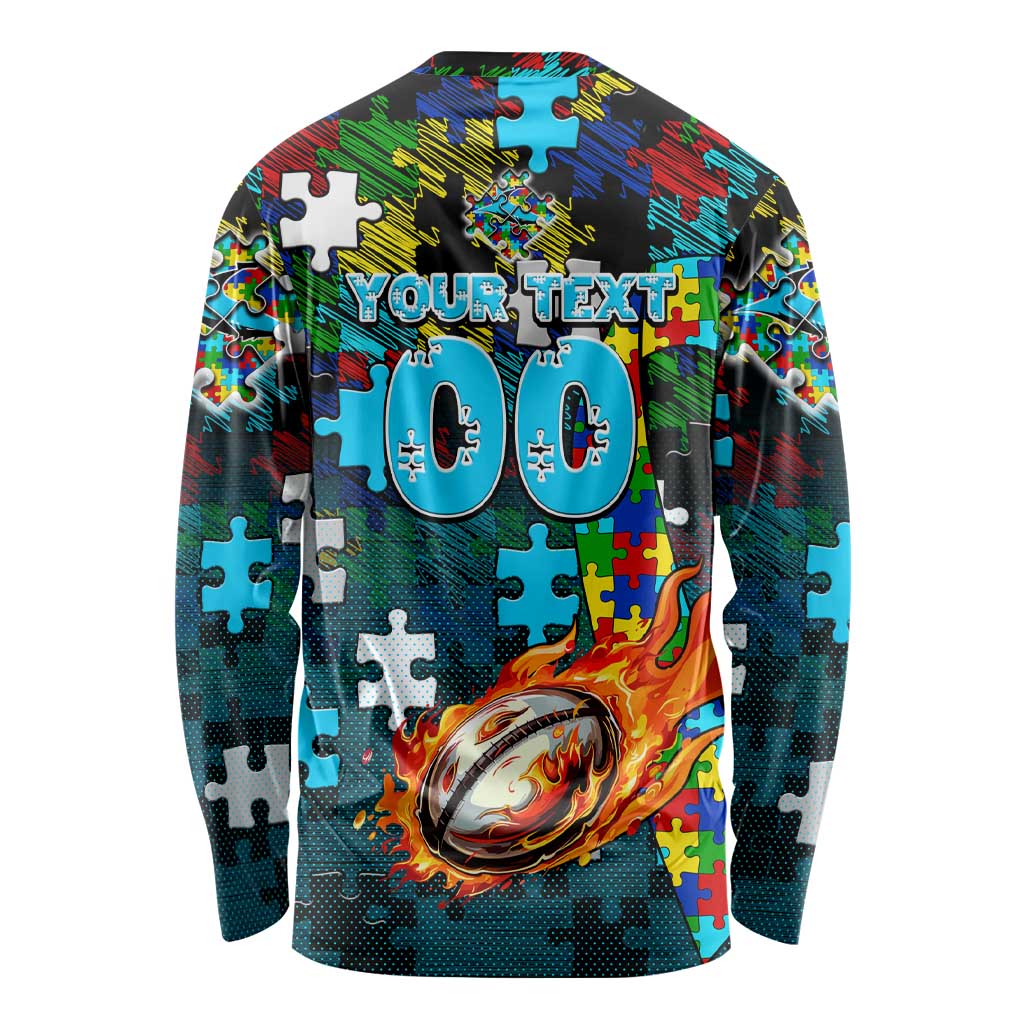 Sharks Autism Awareness Long Sleeve Shirt Puzzle Flames Rugby Ball