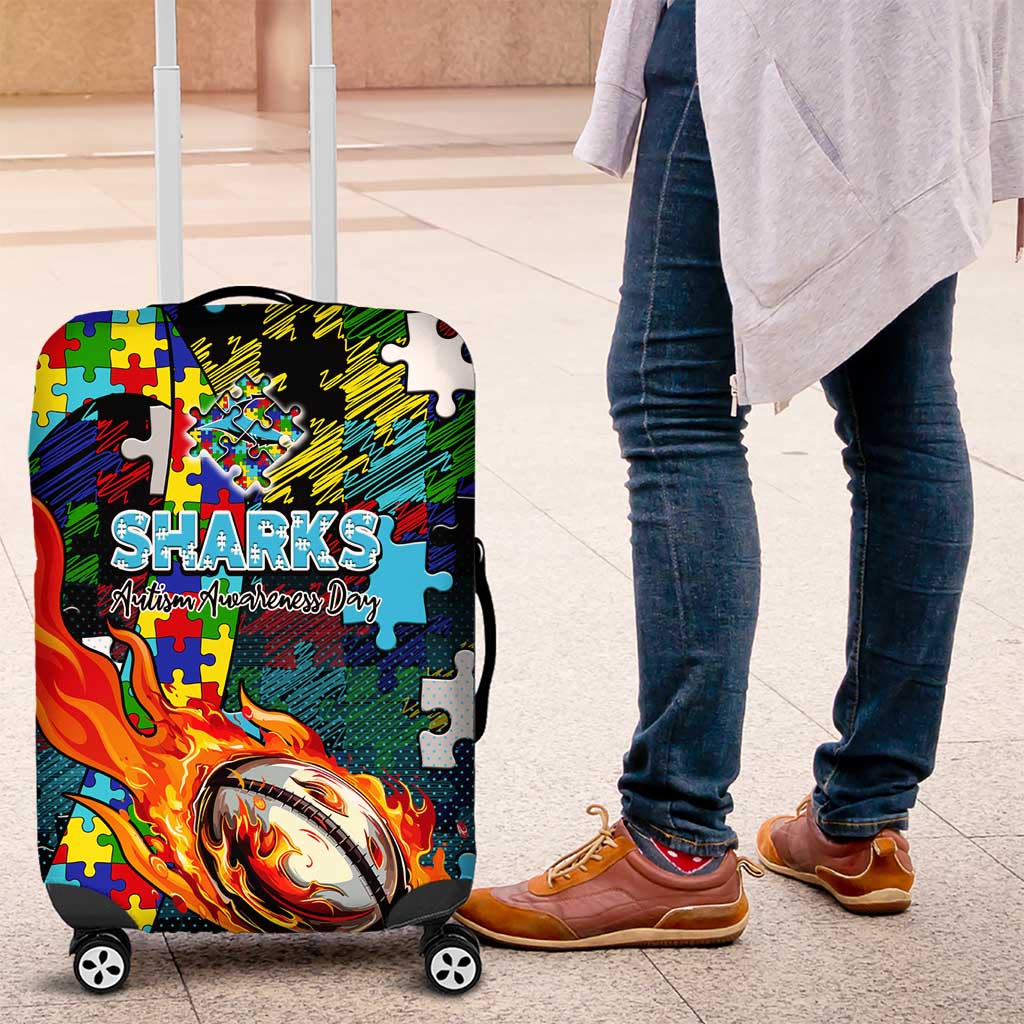 Sharks Autism Awareness Luggage Cover Puzzle Flames Rugby Ball