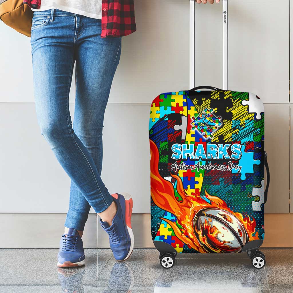 Sharks Autism Awareness Luggage Cover Puzzle Flames Rugby Ball