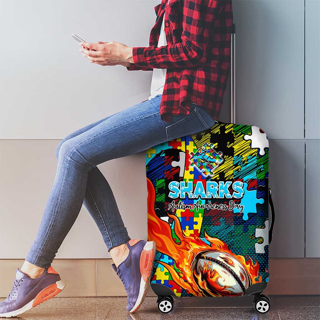 Sharks Autism Awareness Luggage Cover Puzzle Flames Rugby Ball