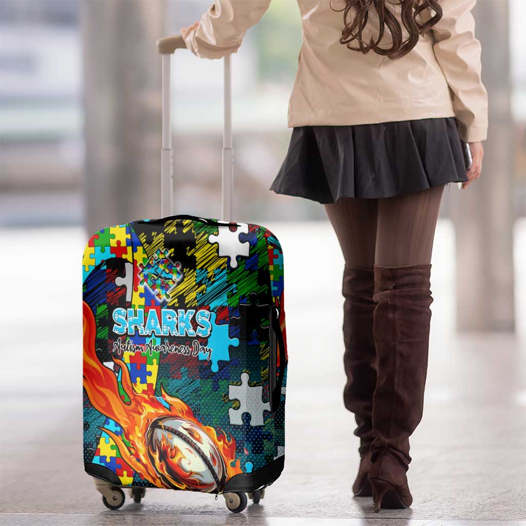Sharks Autism Awareness Luggage Cover Puzzle Flames Rugby Ball