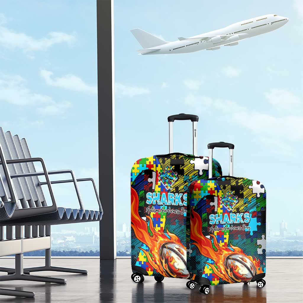 Sharks Autism Awareness Luggage Cover Puzzle Flames Rugby Ball