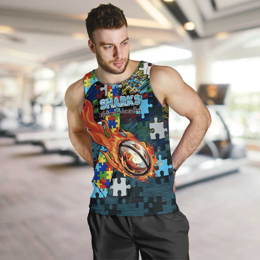 Sharks Autism Awareness Men Tank Top Puzzle Flames Rugby Ball