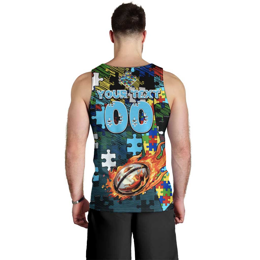 Sharks Autism Awareness Men Tank Top Puzzle Flames Rugby Ball