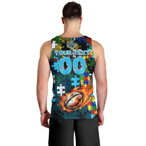 Sharks Autism Awareness Men Tank Top Puzzle Flames Rugby Ball