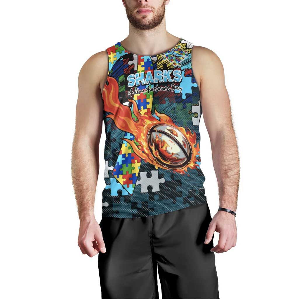Sharks Autism Awareness Men Tank Top Puzzle Flames Rugby Ball