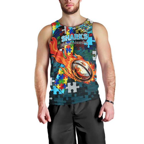 Sharks Autism Awareness Men Tank Top Puzzle Flames Rugby Ball