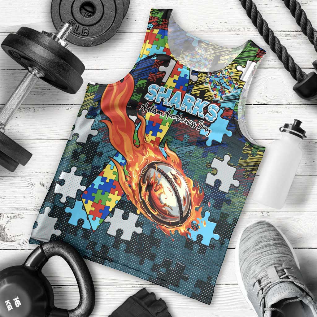 Sharks Autism Awareness Men Tank Top Puzzle Flames Rugby Ball