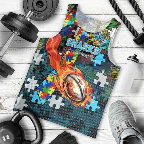 Sharks Autism Awareness Men Tank Top Puzzle Flames Rugby Ball