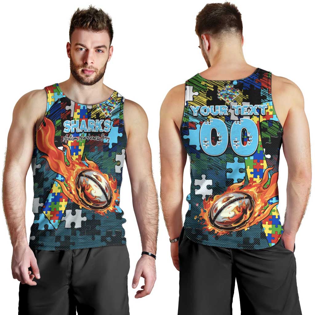Sharks Autism Awareness Men Tank Top Puzzle Flames Rugby Ball