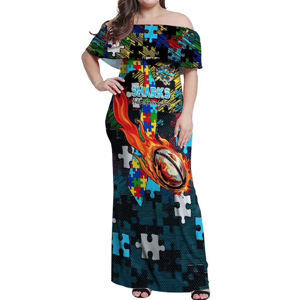 Sharks Autism Awareness Off Shoulder Maxi Dress Puzzle Flames Rugby Ball