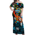 Sharks Autism Awareness Off Shoulder Maxi Dress Puzzle Flames Rugby Ball