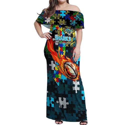 Sharks Autism Awareness Off Shoulder Maxi Dress Puzzle Flames Rugby Ball