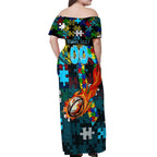 Sharks Autism Awareness Off Shoulder Maxi Dress Puzzle Flames Rugby Ball