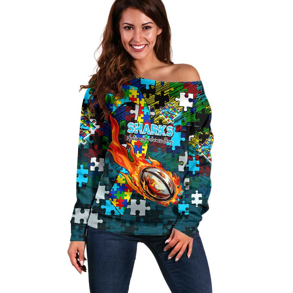 Sharks Autism Awareness Off Shoulder Sweater Puzzle Flames Rugby Ball