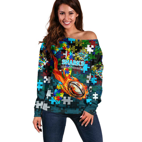 Sharks Autism Awareness Off Shoulder Sweater Puzzle Flames Rugby Ball