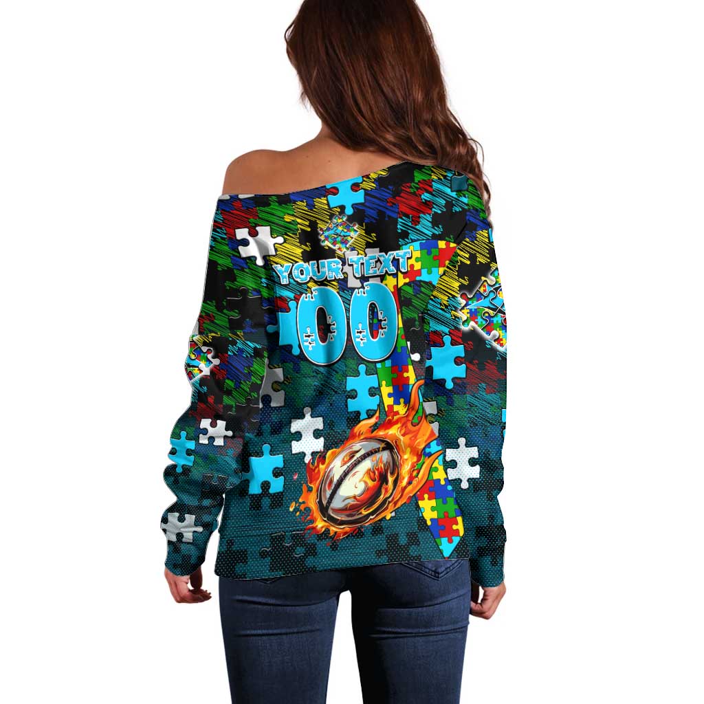 Sharks Autism Awareness Off Shoulder Sweater Puzzle Flames Rugby Ball