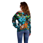 Sharks Autism Awareness Off Shoulder Sweater Puzzle Flames Rugby Ball