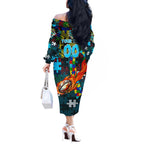 Sharks Autism Awareness Off The Shoulder Long Sleeve Dress Puzzle Flames Rugby Ball
