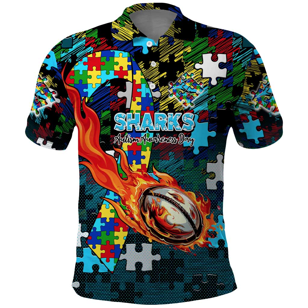 Sharks Autism Awareness Polo Shirt Puzzle Flames Rugby Ball