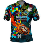 Sharks Autism Awareness Polo Shirt Puzzle Flames Rugby Ball