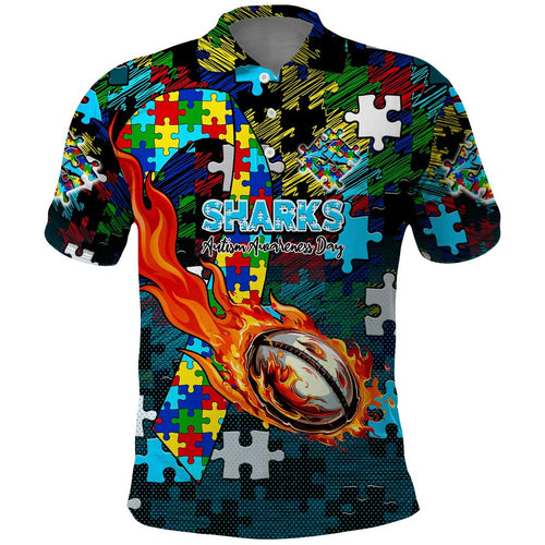 Sharks Autism Awareness Polo Shirt Puzzle Flames Rugby Ball