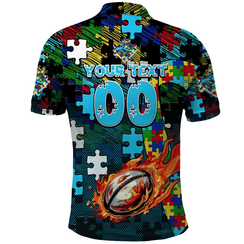 Sharks Autism Awareness Polo Shirt Puzzle Flames Rugby Ball