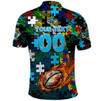 Sharks Autism Awareness Polo Shirt Puzzle Flames Rugby Ball