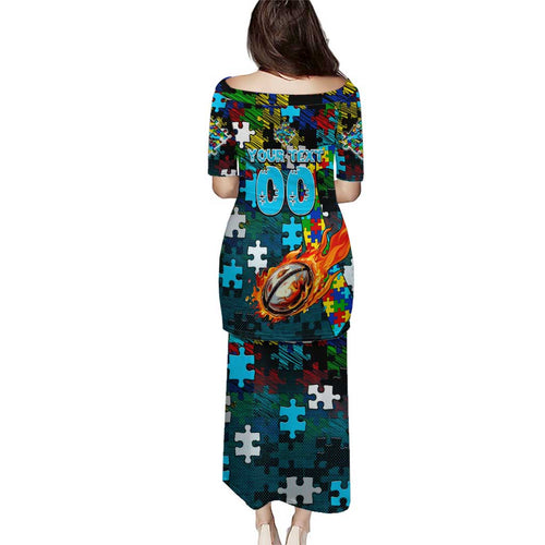 Sharks Autism Awareness Puletasi Puzzle Flames Rugby Ball