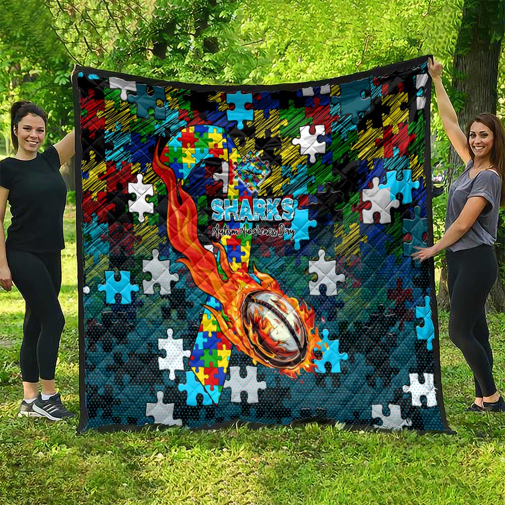Sharks Autism Awareness Quilt Puzzle Flames Rugby Ball