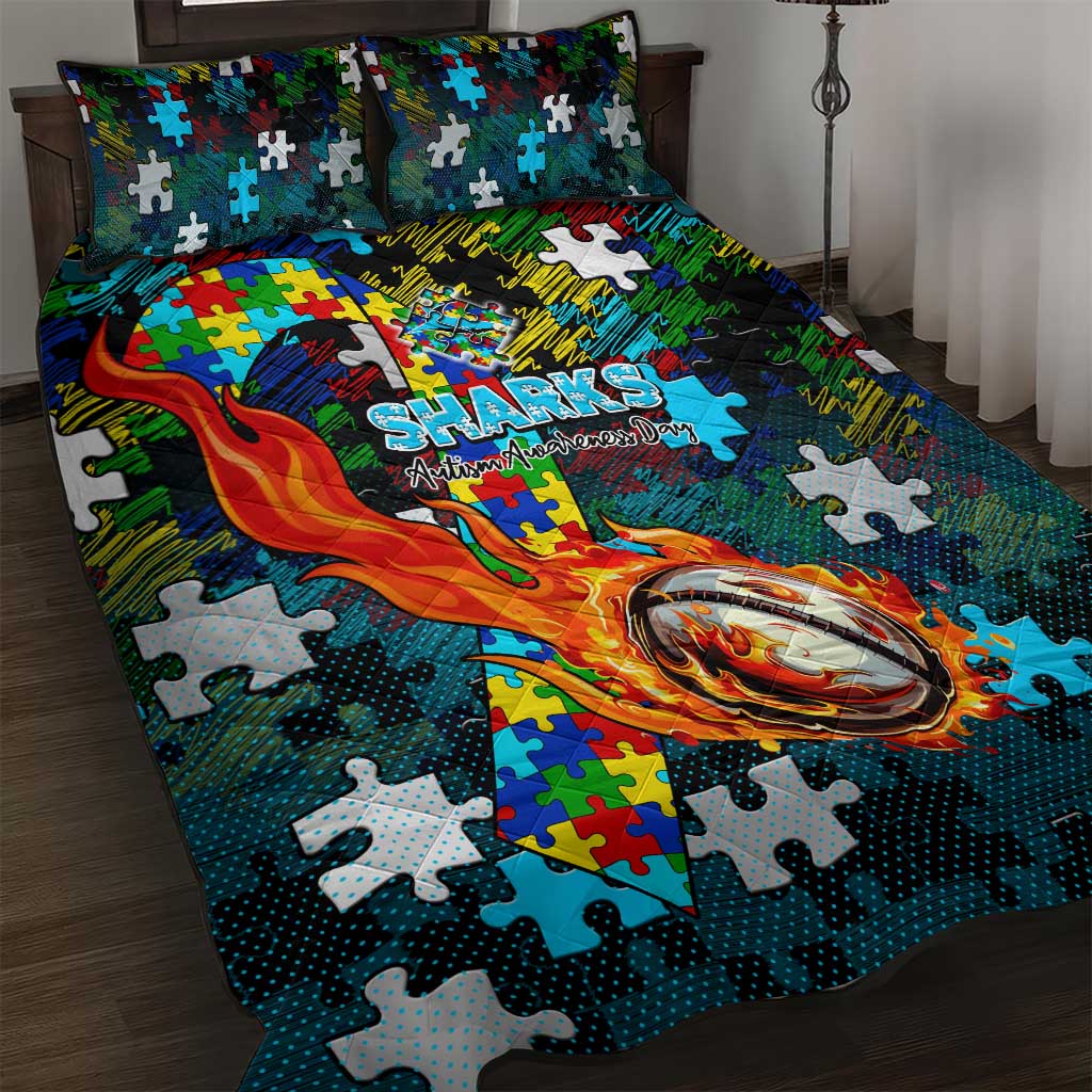 Sharks Autism Awareness Quilt Bed Set Puzzle Flames Rugby Ball