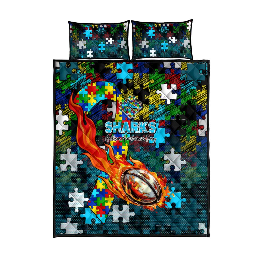 Sharks Autism Awareness Quilt Bed Set Puzzle Flames Rugby Ball